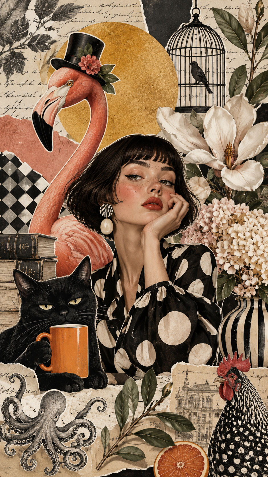 Surreal editorial collage with flamingo, black cat, flowers and vintage details