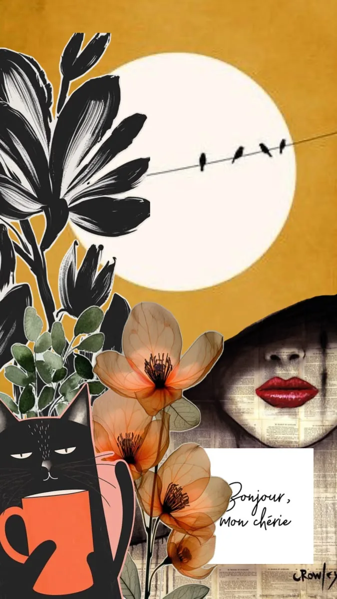 Eclectic visual collage with black cat, coffee, flowers and vintage-inspired details