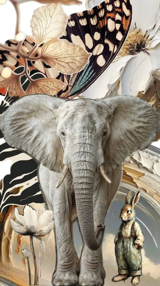 Dreamlike collage with elephant, butterfly, rabbit and botanical elements