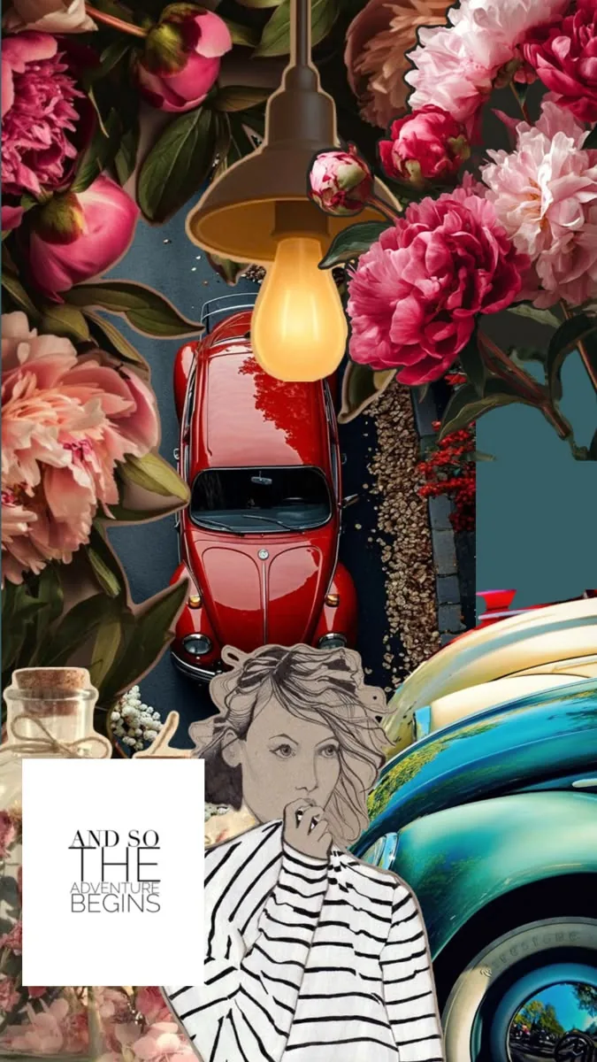 Eclectic collage with red car and flowers