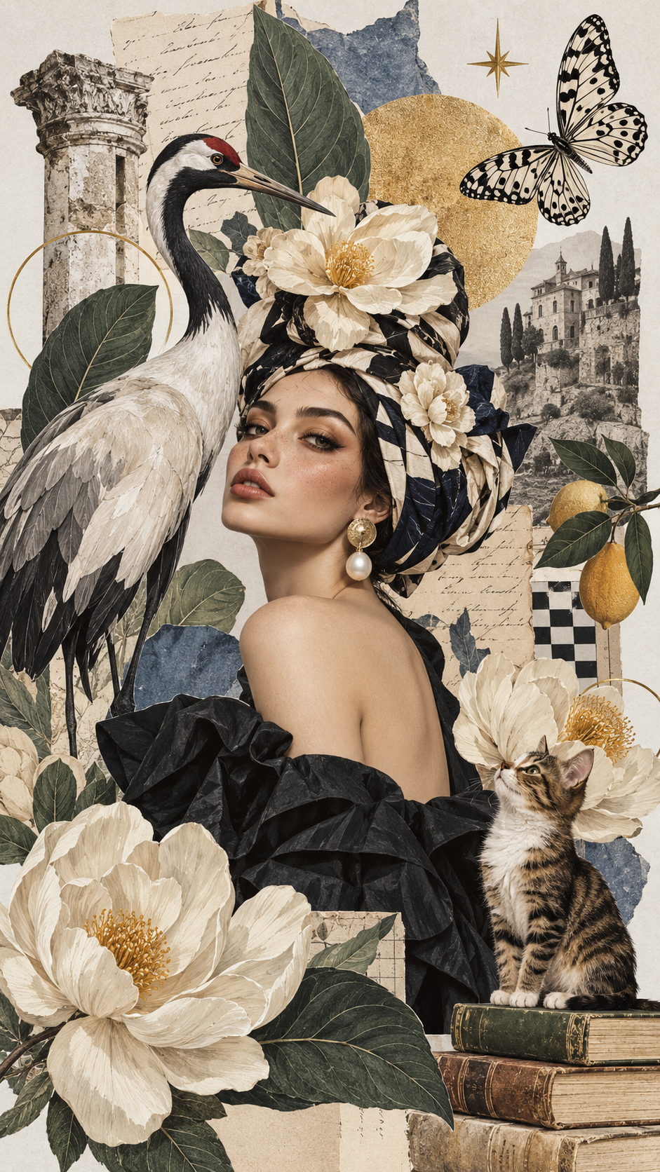 Editorial surreal collage with woman, flowers, books, nature and vintage textures